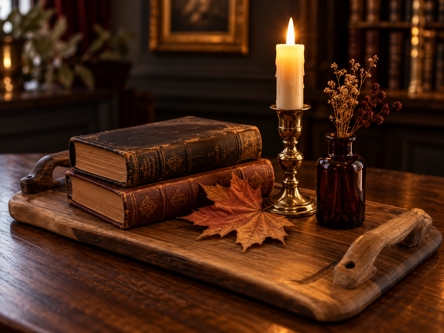 Dekoracja stołu na Halloween w stylu dark academia. Na drewnianej tacy dwie stare książki, mosiężny świecznik, brązowy liść klonu i szklany wazonik z suszonymi kwiatami.