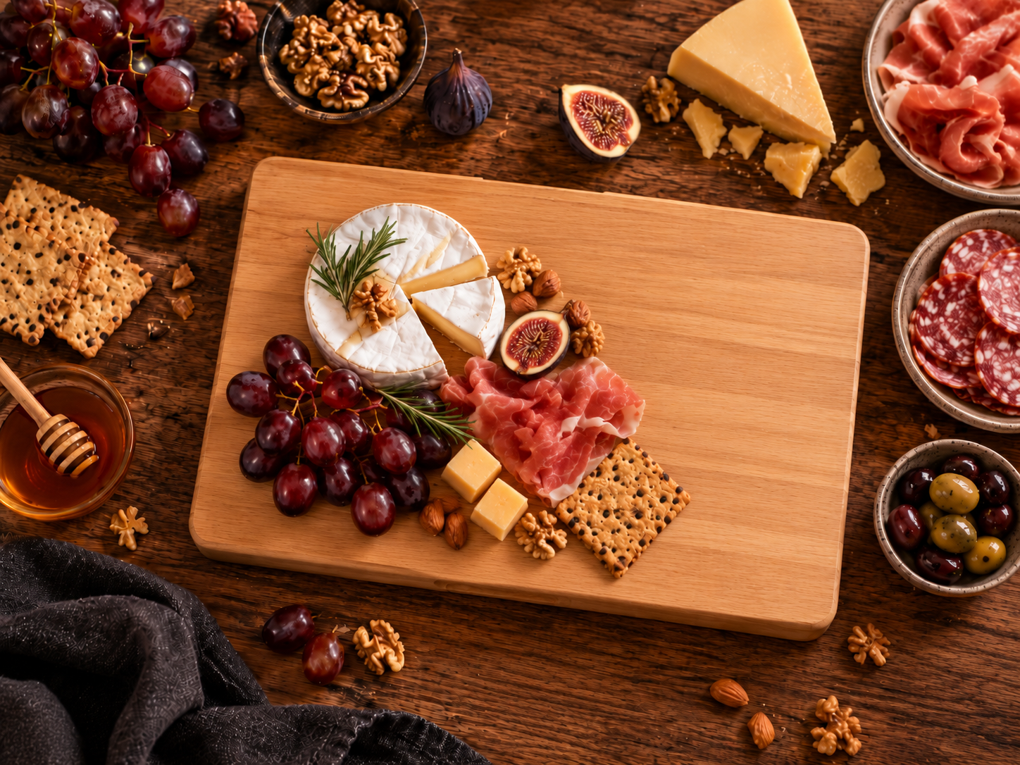 Elegancka deska przekąsek na Halloween z serem brie, szynką dojrzewającą, winogronami, figami, orzechami i krakersami.