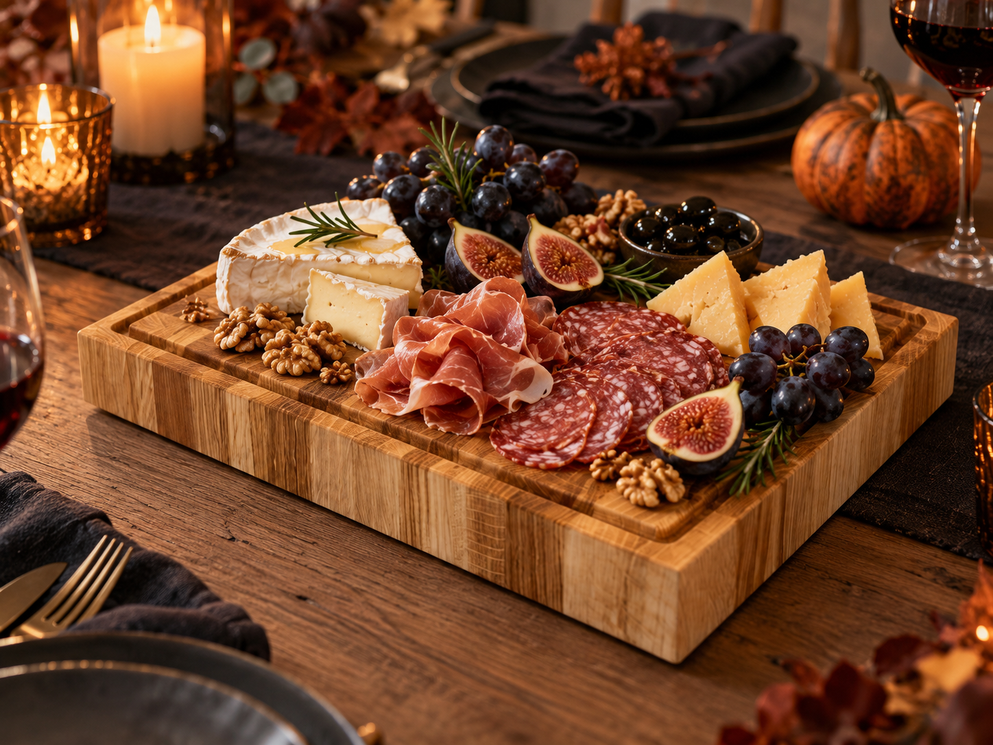 Elegancka deska serów i wędlin na Halloween z camembertem, salami, szynką dojrzewającą, figami, ciemnymi winogronami, oliwkami i orzechami włoskimi.