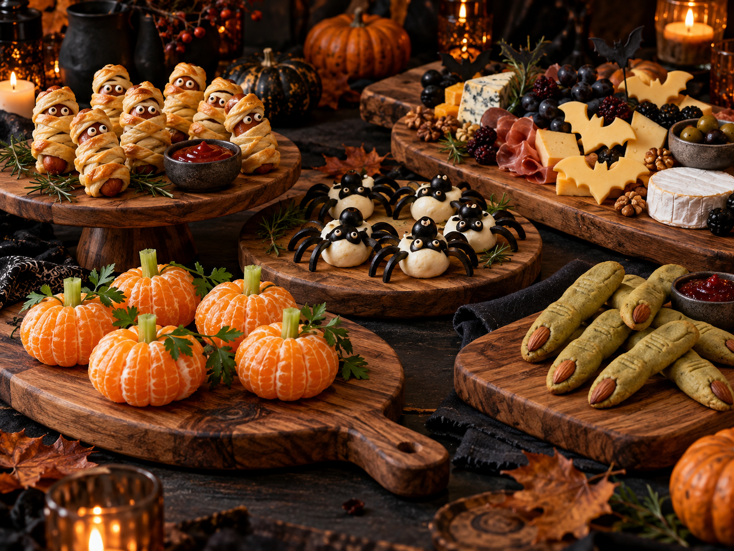 Pięć przekąsek na Halloween na drewnianych deskach: mandarynkowe dynie, mumie z ciasta francuskiego, pająki z oliwek i mozzarelli, paluchy wiedźmy oraz deska serów z nietoperzami.