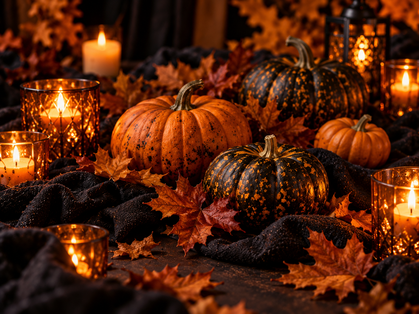 Jesienna dekoracja stołu na Halloween z pomarańczowymi i czarnymi dyniami, suszonymi liśćmi oraz świecami w ozdobnych lampionach na ciemnym obrusie.