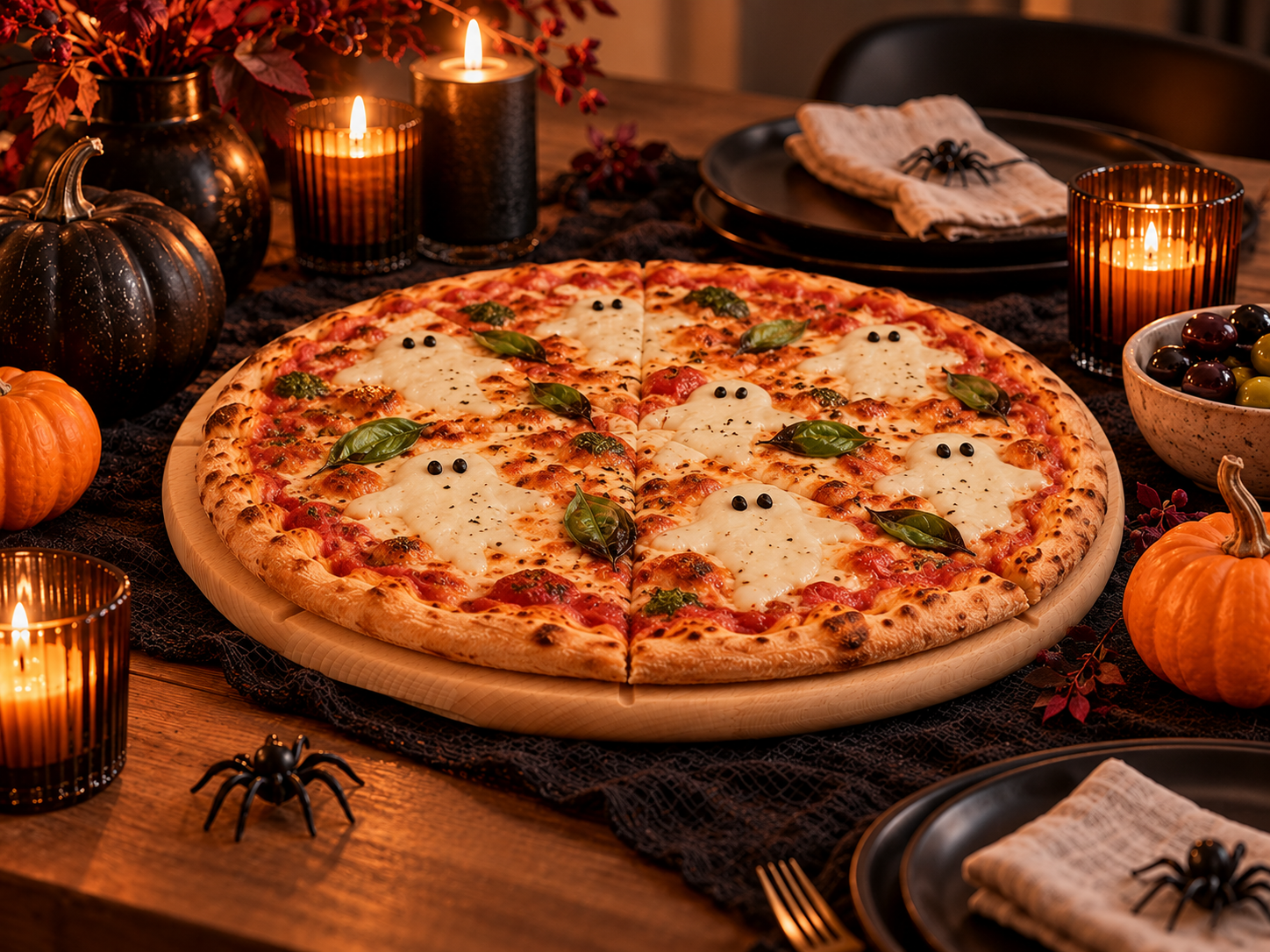 Pizza na okrągłej drewnianej desce z duszkami z mozzarelli, bazylią i sosem pomidorowym, podana na halloweenowym stole w blasku świec.
