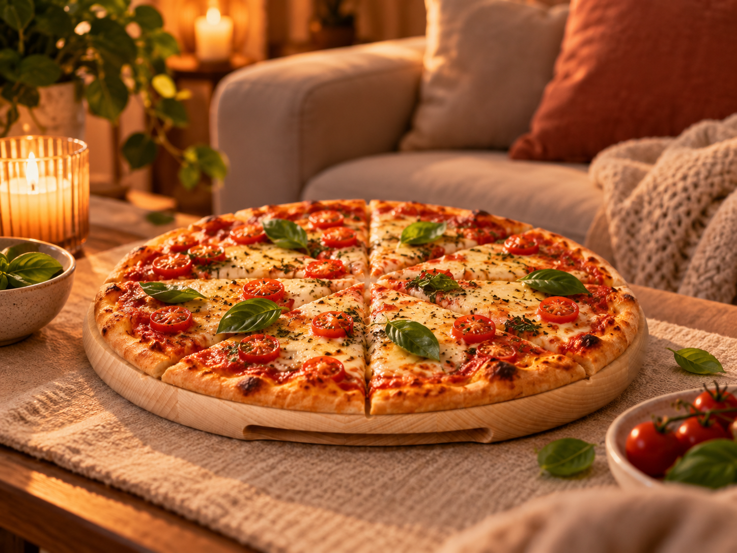 Domowa pizza z mozzarellą, pomidorkami koktajlowymi i świeżą bazylią, pokrojona na kawałki i podana na okrągłej drewnianej desce w przytulnym salonie.