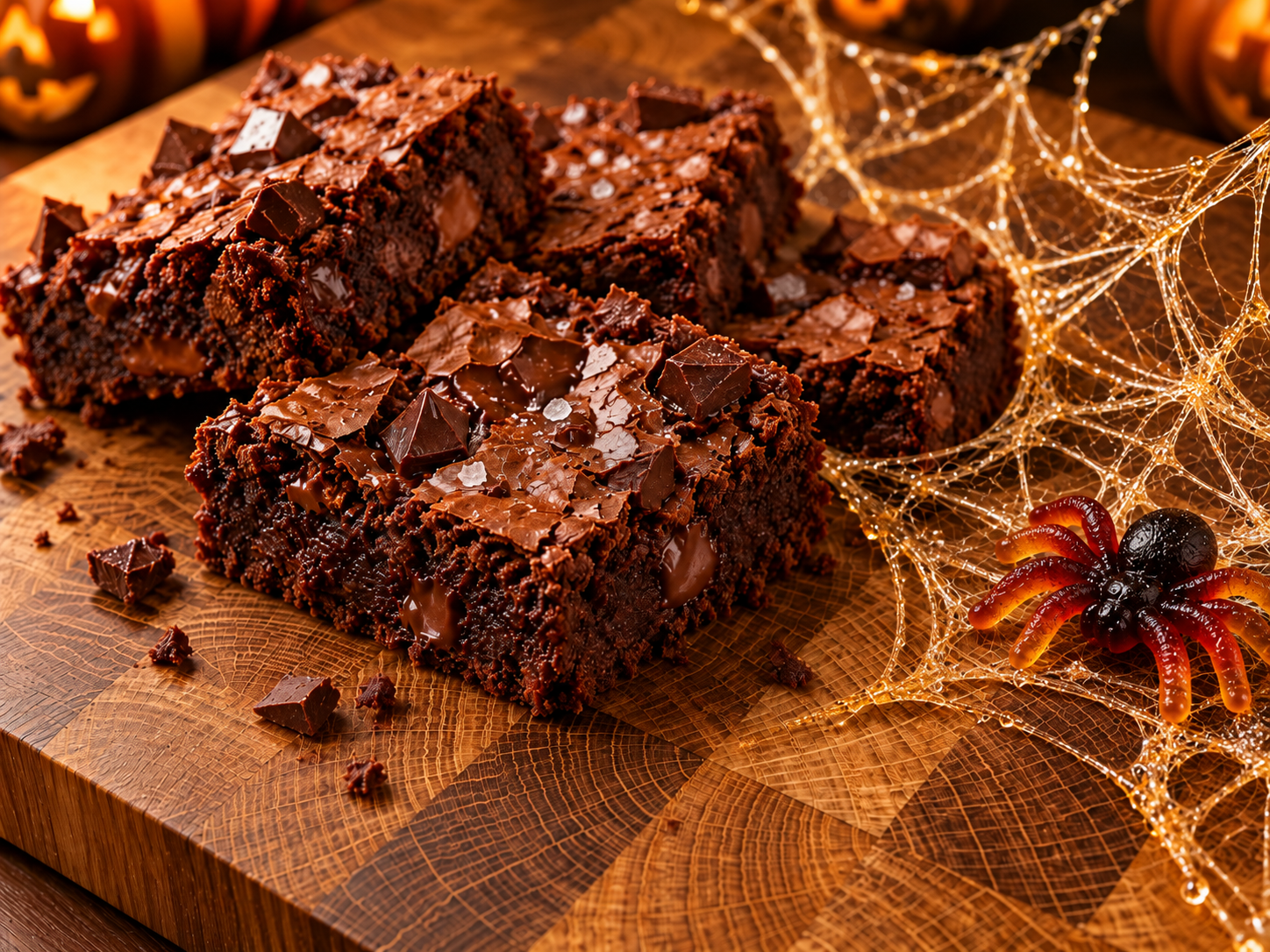 Kawałki czekoladowego brownie z kawałkami czekolady na drewnianej desce sztorcowej. Obok dekoracyjna pajęczyna z pająkiem i świecące dynie na Halloween.