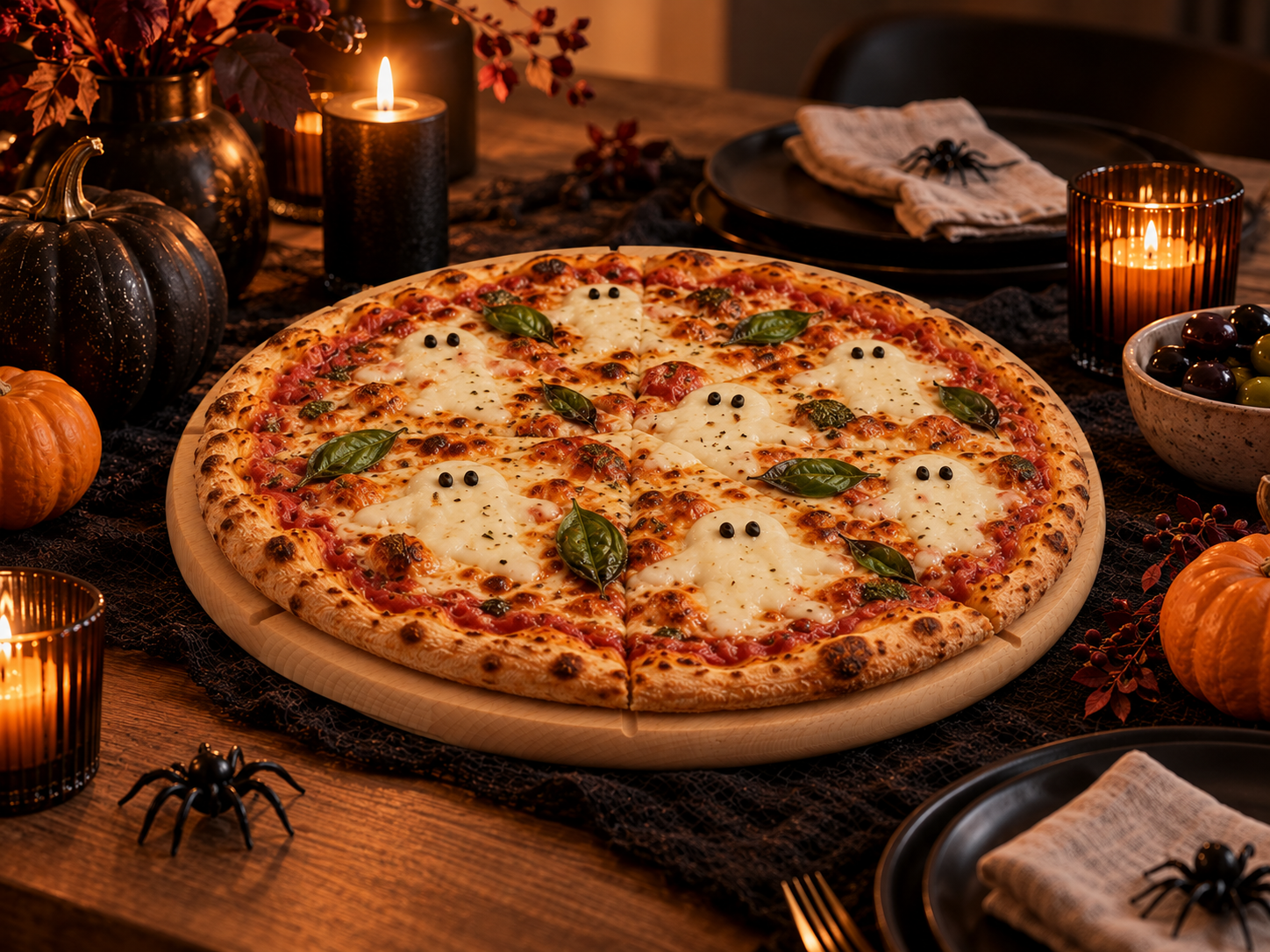 Pizza na Halloween z duszkami z roztopionej mozzarelli i oczami z oliwek, podana na okrągłej drewnianej desce w otoczeniu dyń, świec i pajęczyn.