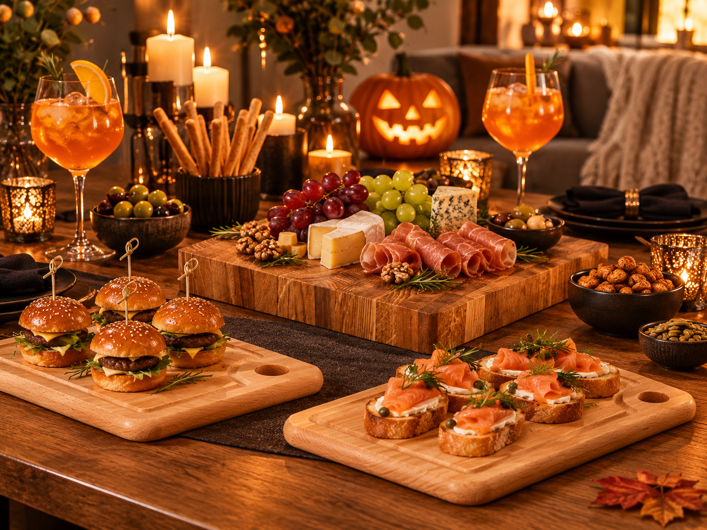 Stół na imprezę Halloween z drewnianymi deskami pełnymi przekąsek. Mini burgery, grzanki z łososiem, sery, wędliny i winogrona w otoczeniu świec, drinków oraz świecącej dyni.