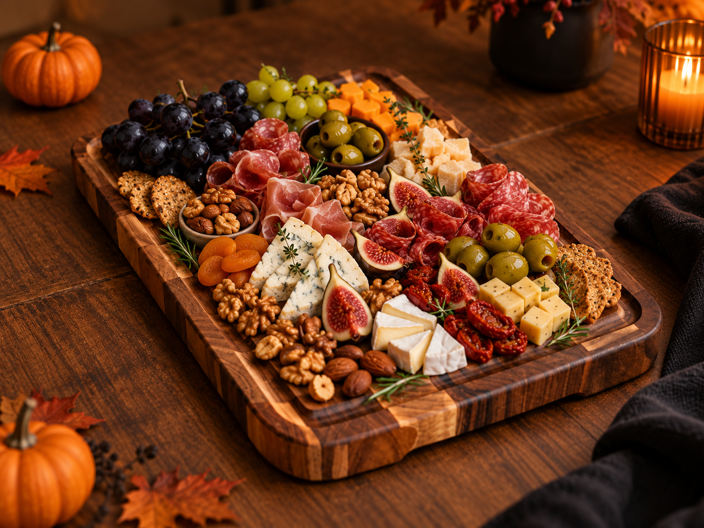 Jesienna deska przekąsek z serami, salami, szynką dojrzewającą, figami, winogronami, oliwkami, orzechami i krakersami, podana na drewnianej desce sztorcowej w otoczeniu dyni i świec.