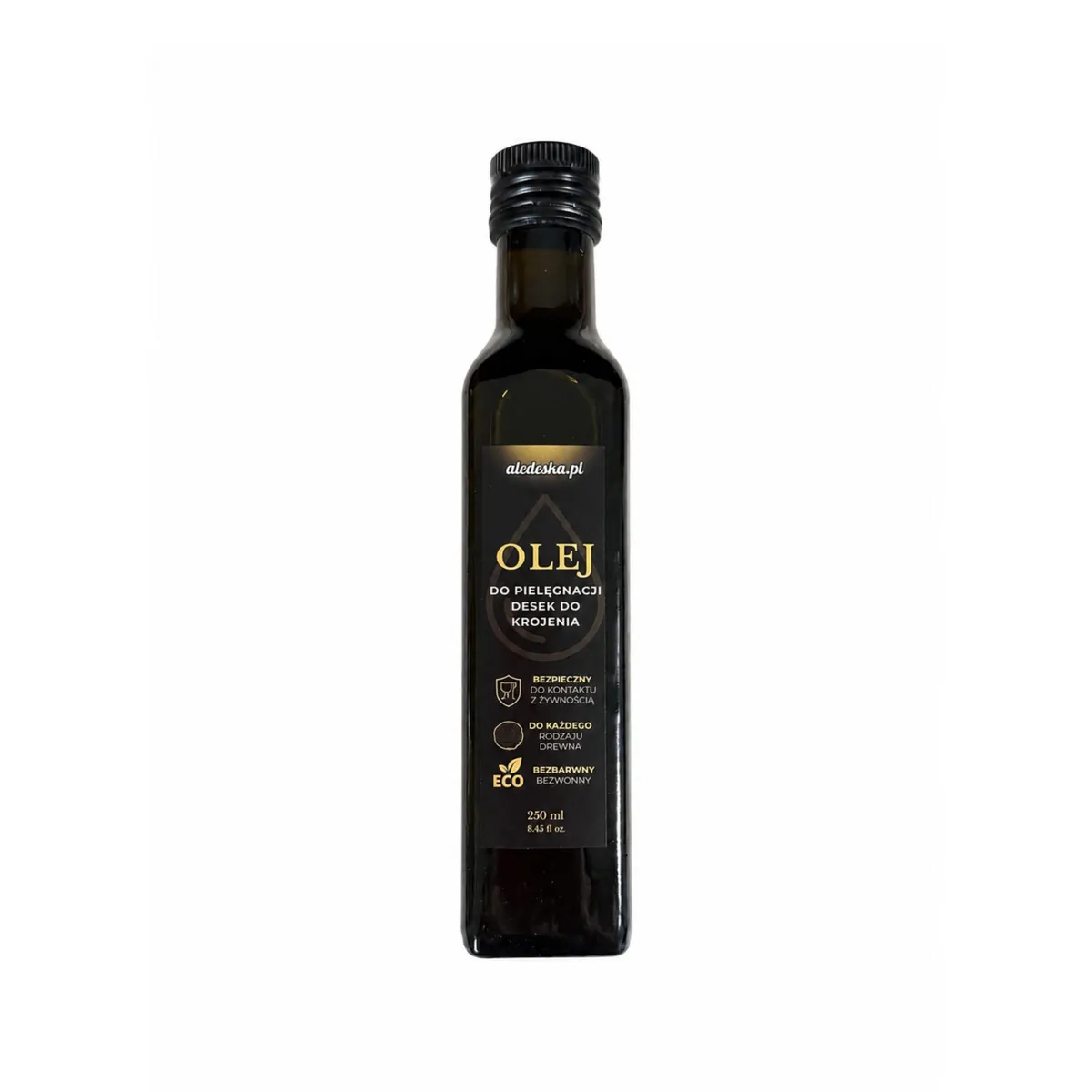 Olej mineralny do desek do krojenia 250 ml w ciemnej szklanej butelce aledeska.pl, na białym tle