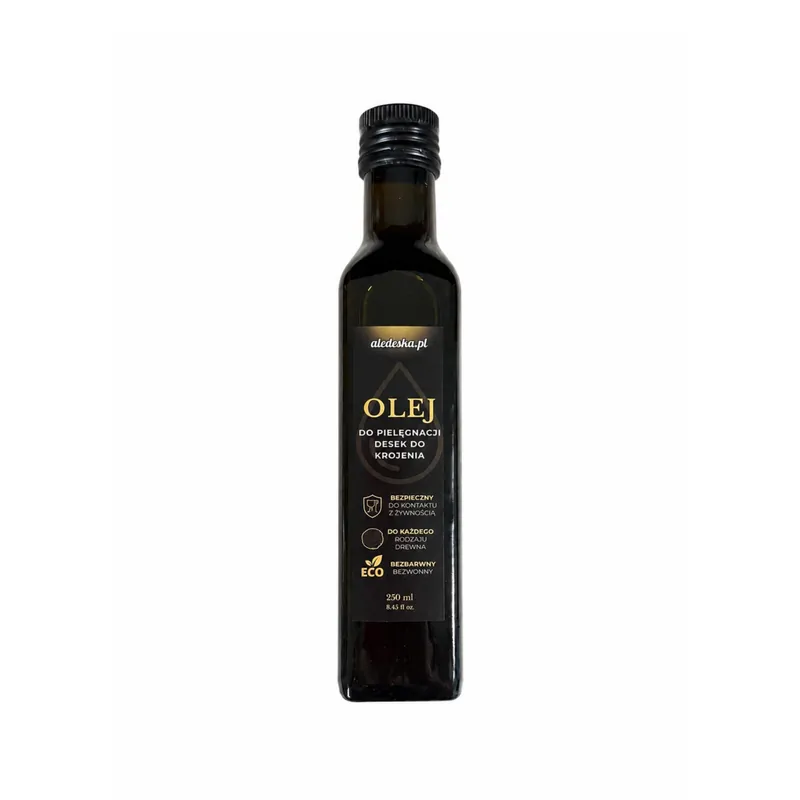 Olej mineralny do desek do krojenia 250 ml w ciemnej szklanej butelce aledeska.pl, na białym tle