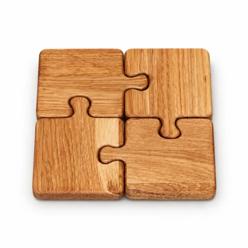 Dębowe podkładki kawowe Puzzle, 4 elementy złożone w kwadrat 17 × 17 cm, na białym tle