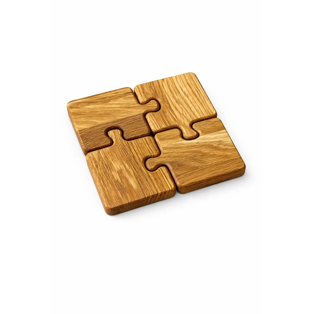 Komplet podkładek pod kubki Puzzle z drewna dębowego, widok z boku pod kątem