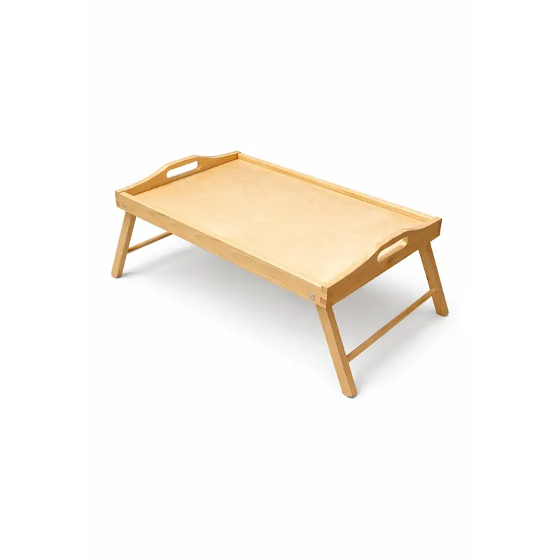 Bukowy stolik śniadaniowy do łóżka 50 × 30 cm z rantem, uchwytami i składanymi nogami