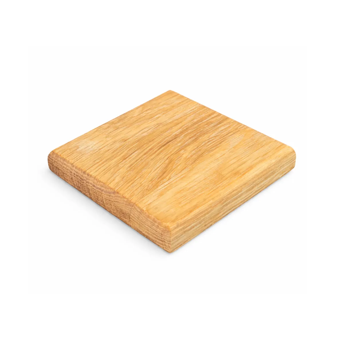Dębowa podkładka kawowa 9 × 9 cm o grubości 2 cm z zaokrąglonymi krawędziami, na białym tle