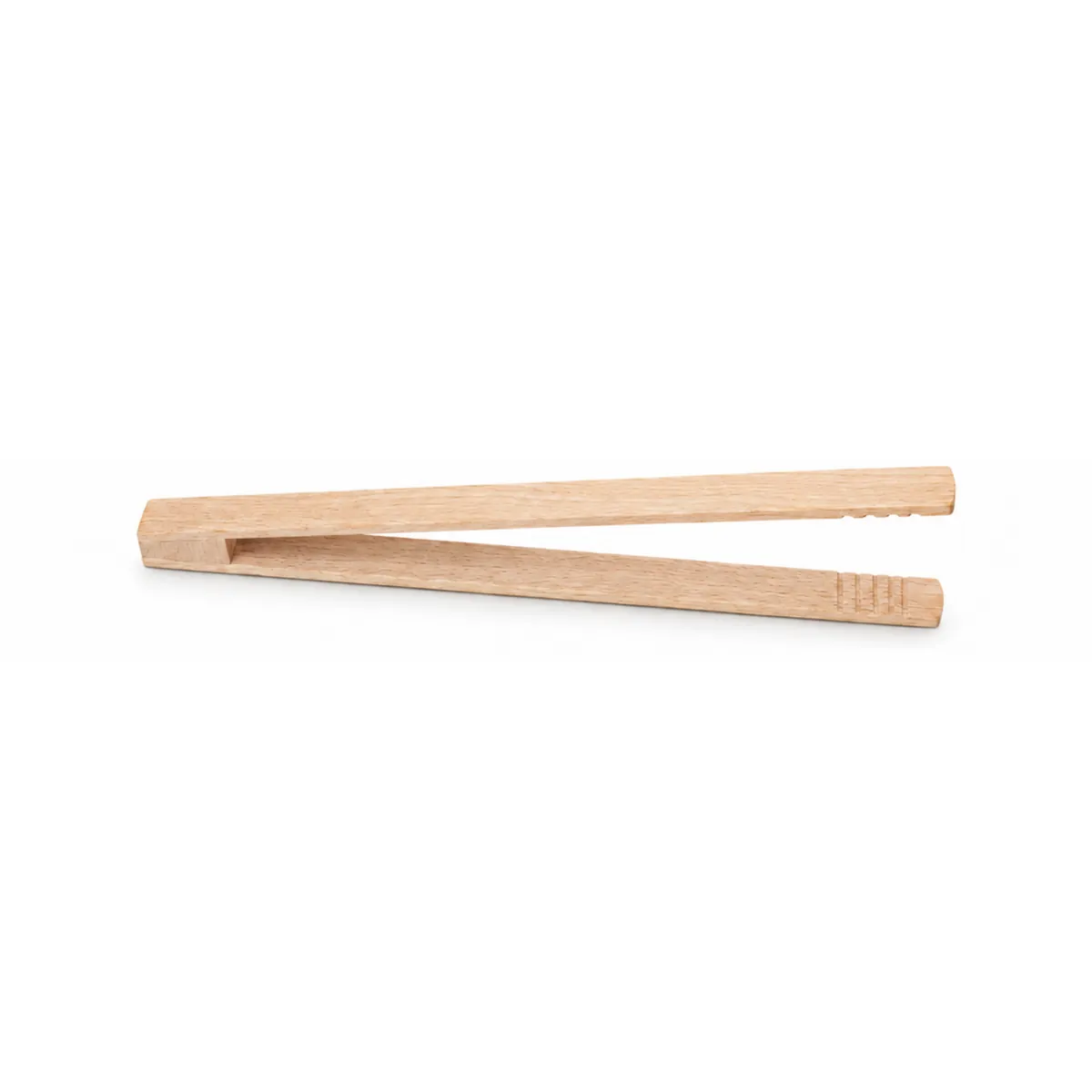 Szczypce bukowe 32 cm z jasnego drewna do grilla i kuchni, leżące poziomo na białym tle