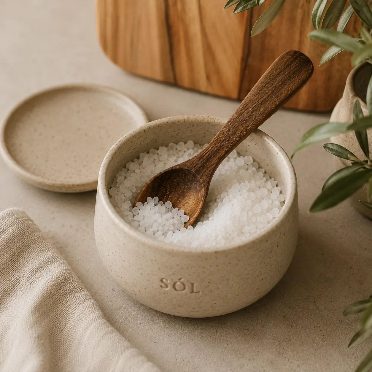 Łyżeczka z orzecha włoskiego w ceramicznym naczyniu z gruboziarnistą solą