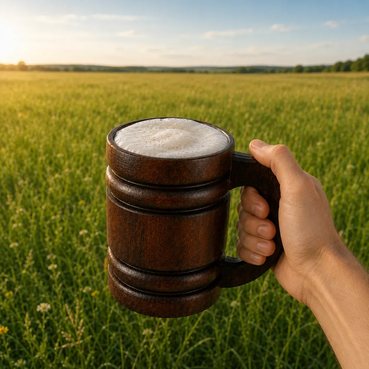 Ciemny kufel dębowy 0,5 l z pianą trzymany w dłoni na tle łąki o zachodzie