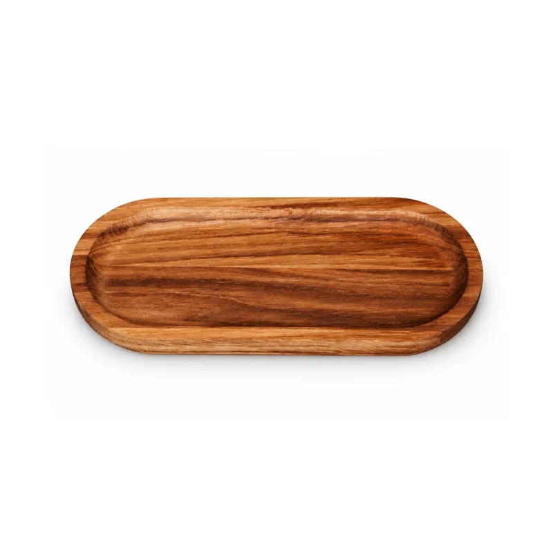 Owalna patera Dorcia z dębu 22 × 10 cm z podniesionym brzegiem, widok z boku na białym tle
