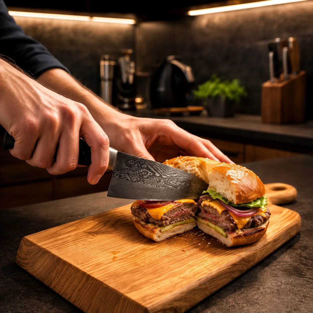 Krojenie burgerów na akacjowej desce Ala