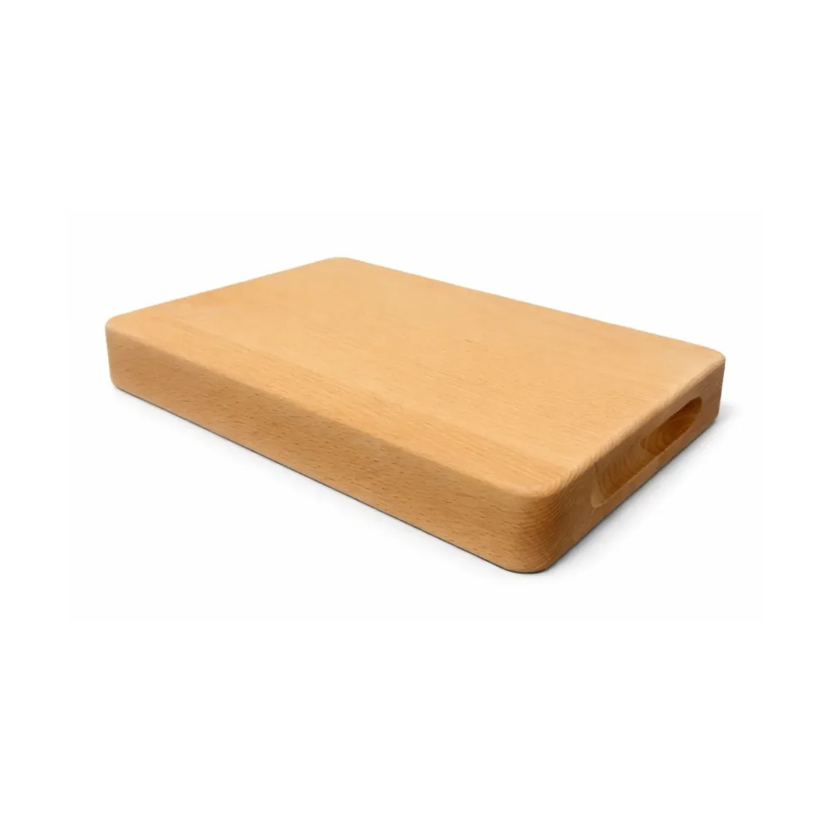 Gruba bukowa deska do krojenia Nati L 30 × 20 × 4 cm z wycięciem na palce, na białym tle