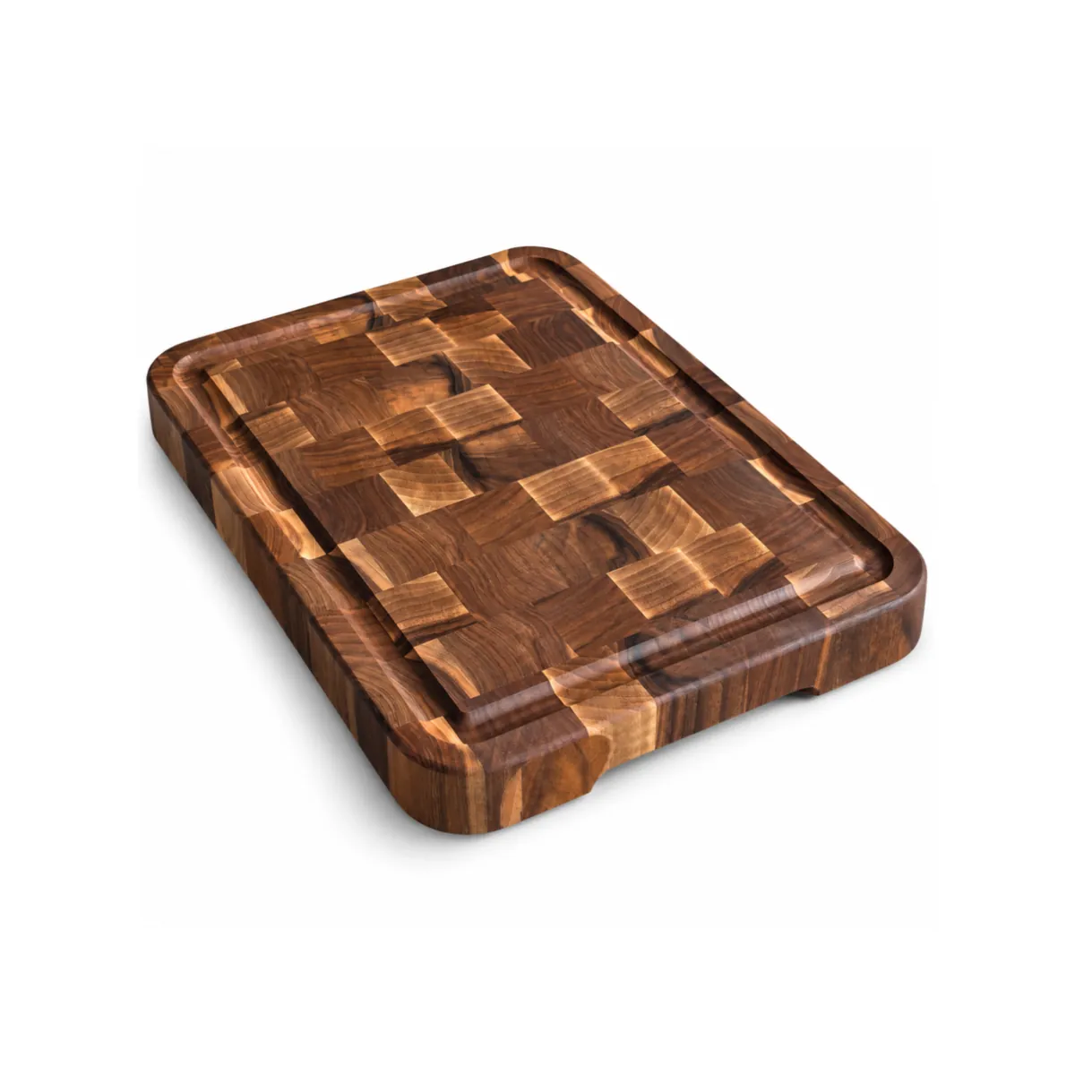 Orzechowa deska sztorcowa Albina 40 × 30 × 4,5 cm z rowkiem na soki, na białym tle
