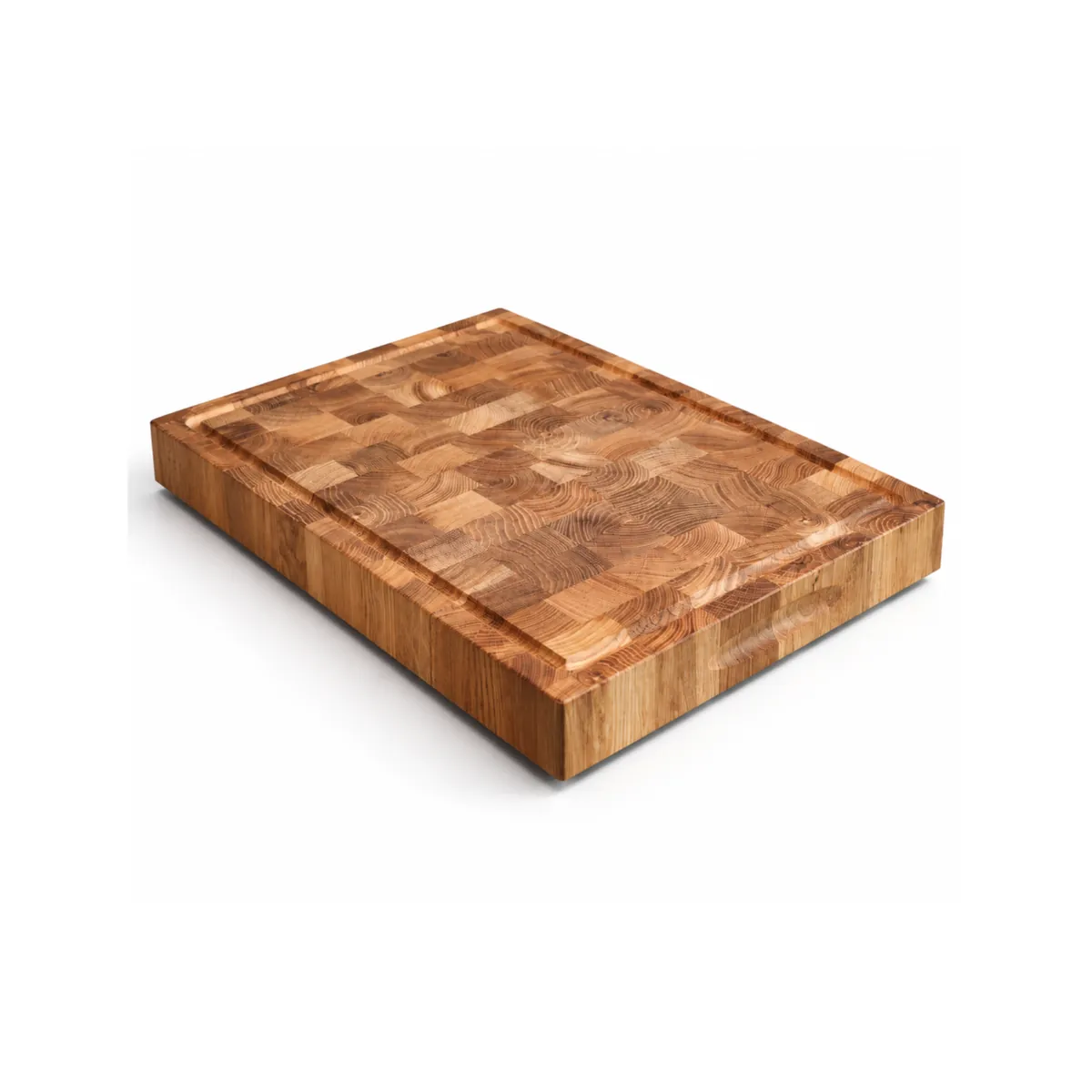Dębowa deska sztorcowa z nóżkami 40 × 30 × 5 cm z rowkiem na soki, na białym tle